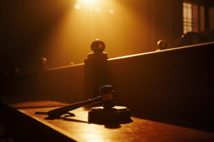 Empty courtroom with wooden benches and abandoned judge's gavel on bench in vacant courthouse after verdict