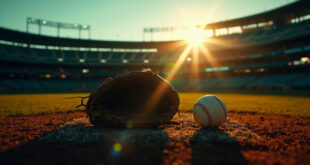 Abandoned baseball glove and ball on pitcher's mound in empty stadium at twilight, bathed in golden sunset light.