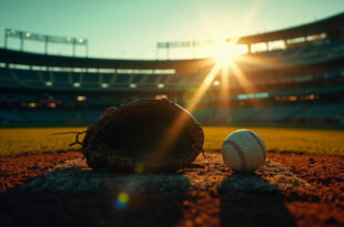 Abandoned baseball glove and ball on pitcher's mound in empty stadium at twilight, bathed in golden sunset light.