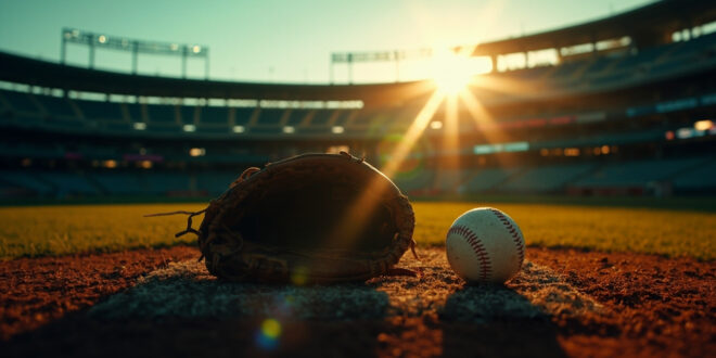 Abandoned baseball glove and ball on pitcher's mound in empty stadium at twilight, bathed in golden sunset light.