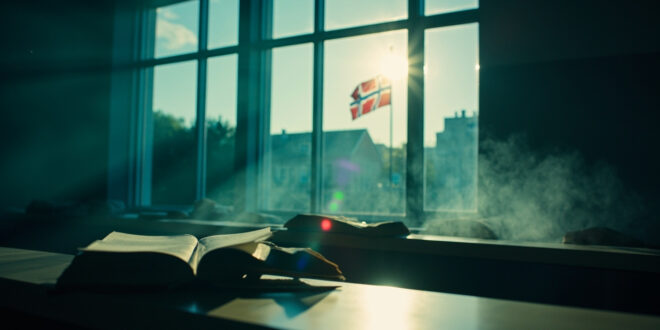 Empty Danish university lecture hall with open books on professor's desk and Danish flag, bathed in Nordic blue light.