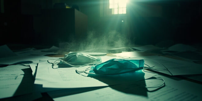 Surgical masks scattered across official documents on an empty desk in an abandoned government office investigation room