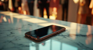 Elegant smartphone displaying empty photo gallery on marble surface in abandoned luxury fashion venue
