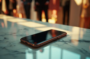 Elegant smartphone displaying empty photo gallery on marble surface in abandoned luxury fashion venue