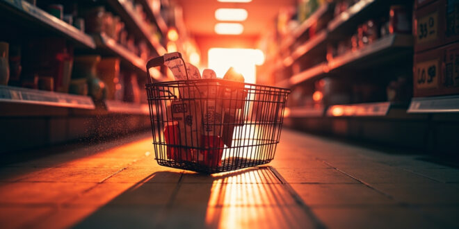 Empty shopping cart in abandoned grocery store aisle surrounded by floating price tags showing increasing food costs