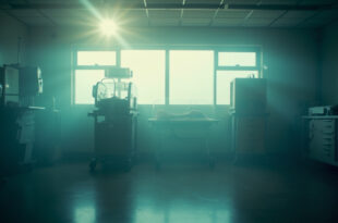 Empty neonatal hospital room at dawn with vacant incubator bathed in soft blue and white light, marking end of premature birth journey