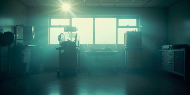 Empty neonatal hospital room at dawn with vacant incubator bathed in soft blue and white light, marking end of premature birth journey