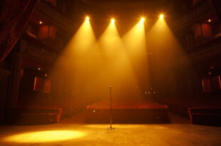 Empty theater stage with abandoned microphone under golden spotlight, surrounded by ornate architecture and deep red velvet curtains