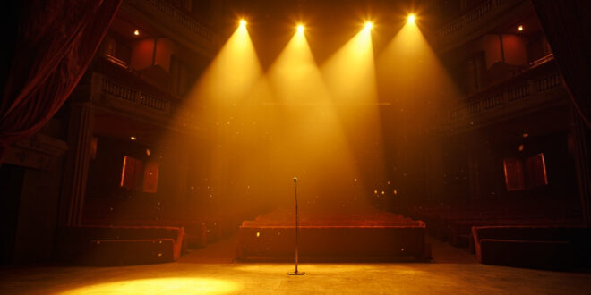 Empty theater stage with abandoned microphone under golden spotlight, surrounded by ornate architecture and deep red velvet curtains