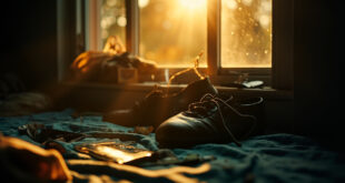 Sunlit empty bedroom with personal mementos and abandoned dance shoes on windowsill, golden light streaming in