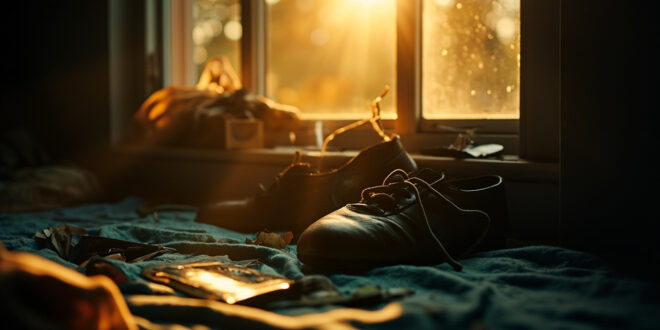 Sunlit empty bedroom with personal mementos and abandoned dance shoes on windowsill, golden light streaming in