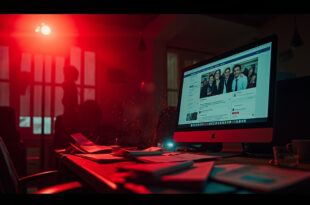 Abandoned desk with scattered party documents in empty political office, computer screen showing deleted post