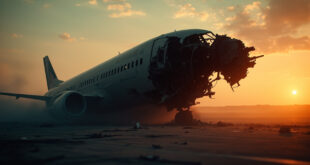 Damaged aircraft engine and debris scattered across empty airport tarmac at dusk, orange flames amid metallic wreckage