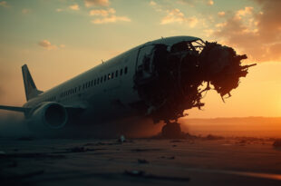 Damaged aircraft engine and debris scattered across empty airport tarmac at dusk, orange flames amid metallic wreckage