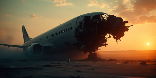 Damaged aircraft engine and debris scattered across empty airport tarmac at dusk, orange flames amid metallic wreckage