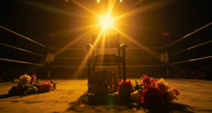 Empty wrestling ring with championship belt on chair and memorial flowers bathed in golden spotlight in dimmed arena