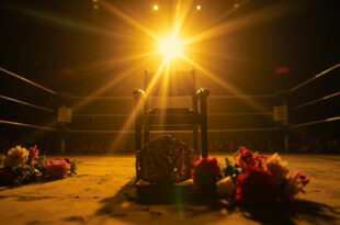 Empty wrestling ring with championship belt on chair and memorial flowers bathed in golden spotlight in dimmed arena