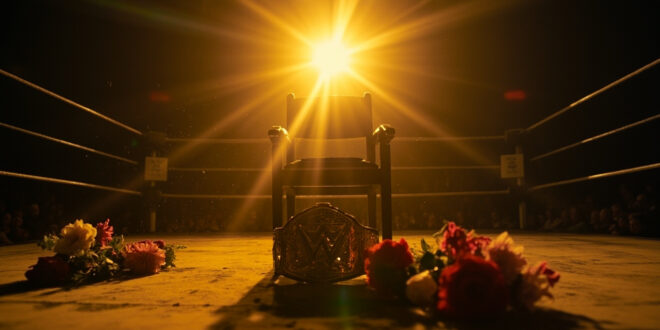Empty wrestling ring with championship belt on chair and memorial flowers bathed in golden spotlight in dimmed arena