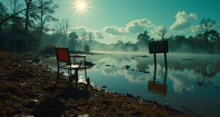 Empty camp chair and abandoned wooden sign in muddy waters at a flooded Texas hillside summer camp