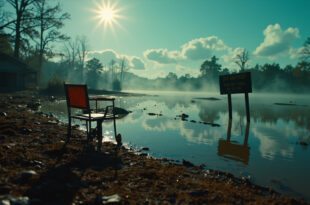 Empty camp chair and abandoned wooden sign in muddy waters at a flooded Texas hillside summer camp