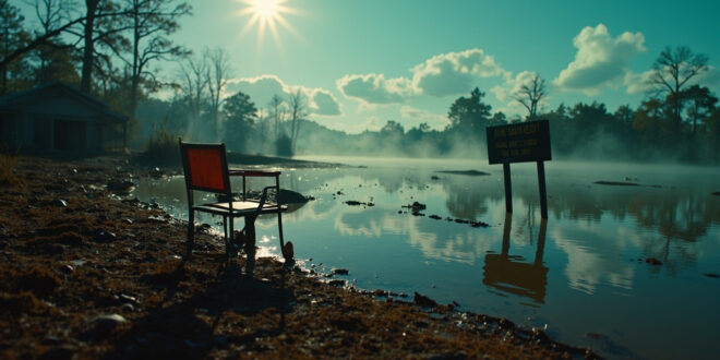 Empty camp chair and abandoned wooden sign in muddy waters at a flooded Texas hillside summer camp