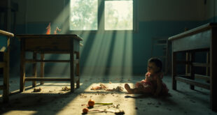 Abandoned doll and school supplies in empty classroom with scattered belongings, symbolizing child marriage crisis