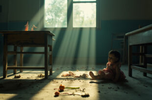 Abandoned doll and school supplies in empty classroom with scattered belongings, symbolizing child marriage crisis
