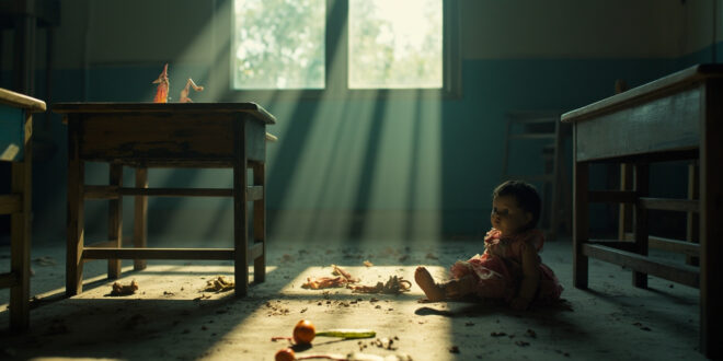 Abandoned doll and school supplies in empty classroom with scattered belongings, symbolizing child marriage crisis