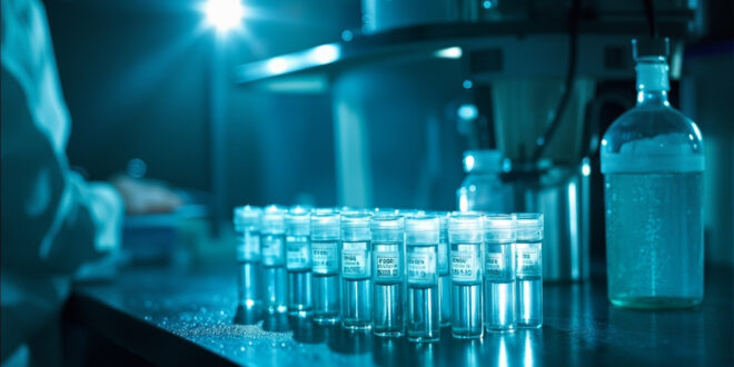 Laboratory equipment and water sample tubes for polio virus testing arranged on bench in sterile blue-white laboratory at dawn