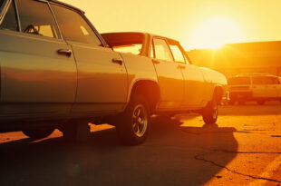 Abandoned car with closed windows reflecting intense sunlight in an empty industrial parking lot under scorching sun