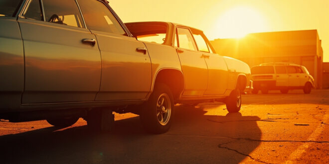 Abandoned car with closed windows reflecting intense sunlight in an empty industrial parking lot under scorching sun