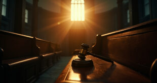 Empty courtroom with wooden benches and judge's gavel on bench in abandoned courthouse at dusk, illuminated by fading light