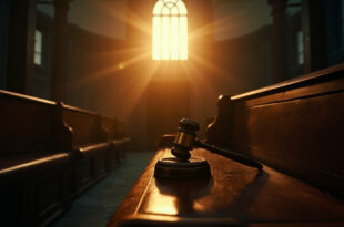 Empty courtroom with wooden benches and judge's gavel on bench in abandoned courthouse at dusk, illuminated by fading light
