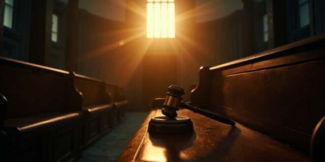 Empty courtroom with wooden benches and judge's gavel on bench in abandoned courthouse at dusk, illuminated by fading light