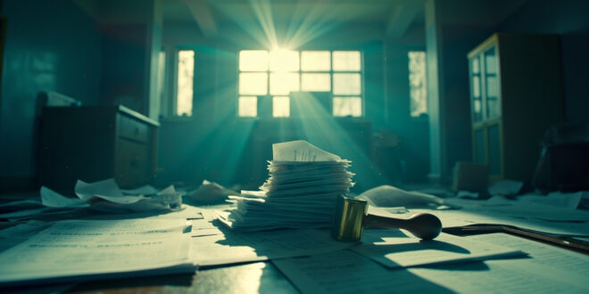Abandoned immigration office with scattered visa documents and official stamps on empty desk in government building