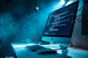 Computer monitor displaying regex patterns and data flows in a minimal tech workspace with blue screen glow