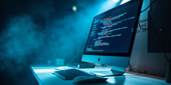 Computer monitor displaying regex patterns and data flows in a minimal tech workspace with blue screen glow