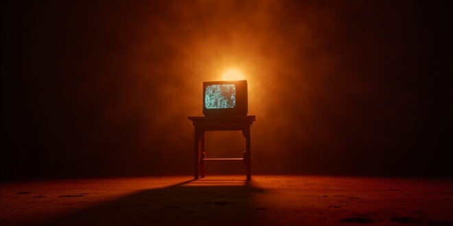 Vintage CRT television displaying memorial tribute sits on wooden table in empty, dimly lit movie theater