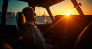 Empty aircraft cockpit bathed in golden sunset light after pilot's final flight, with wings badge placed on vacant seat