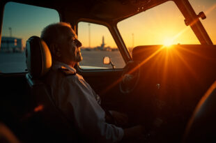 Empty aircraft cockpit bathed in golden sunset light after pilot's final flight, with wings badge placed on vacant seat