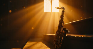 Golden saxophone resting on altar steps in an empty chapel, bathed in warm light during a memorial tribute