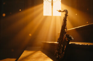 Golden saxophone resting on altar steps in an empty chapel, bathed in warm light during a memorial tribute