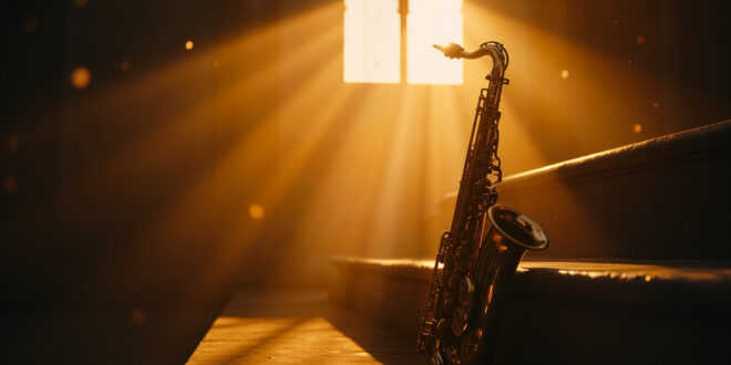 Golden saxophone resting on altar steps in an empty chapel, bathed in warm light during a memorial tribute