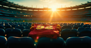 Empty stadium seat with number 92 jersey abandoned in deserted football stadium at twilight, supporter items nearby