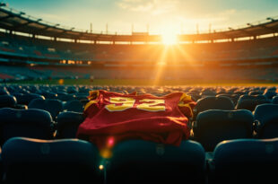 Empty stadium seat with number 92 jersey abandoned in deserted football stadium at twilight, supporter items nearby