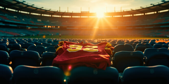 Empty stadium seat with number 92 jersey abandoned in deserted football stadium at twilight, supporter items nearby