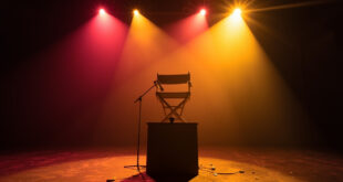 Empty director's chair bathed in golden spotlight at abandoned theater podium, memorial festival tribute at twilight