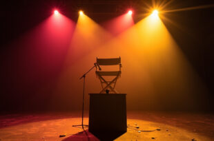 Empty director's chair bathed in golden spotlight at abandoned theater podium, memorial festival tribute at twilight