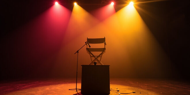 Empty director's chair bathed in golden spotlight at abandoned theater podium, memorial festival tribute at twilight