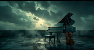 Abandoned piano and violin on a rooftop terrace during a thunderstorm, dark storm clouds looming overhead